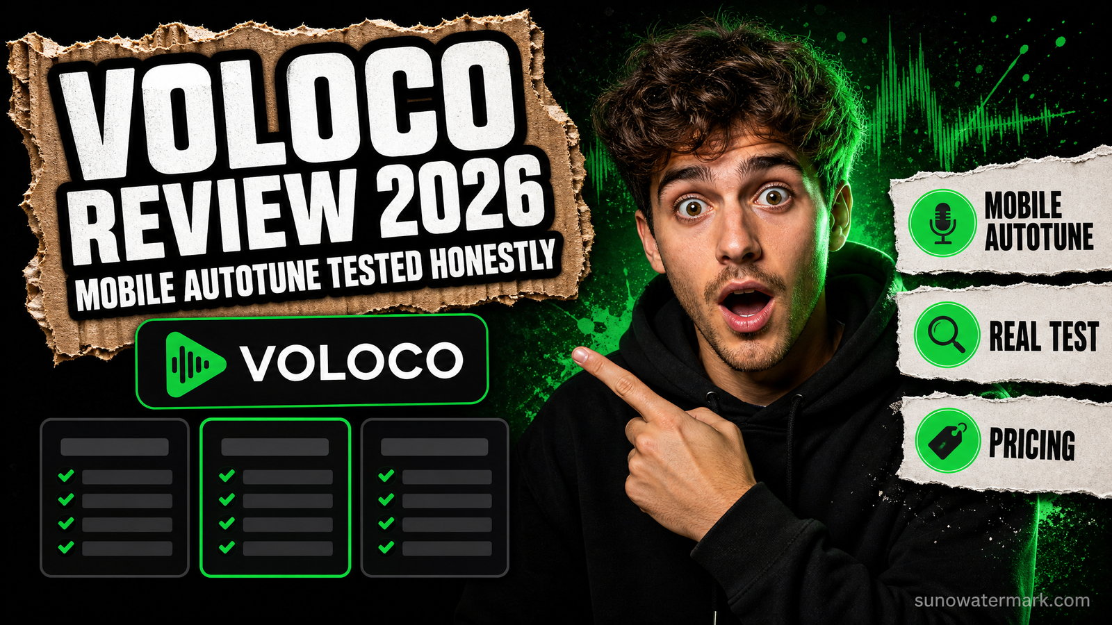 Voloco app open on a smartphone showing real-time pitch correction on a vocal waveform