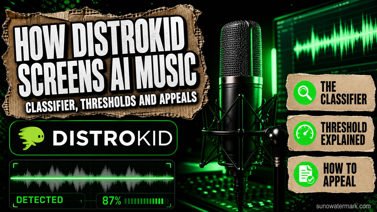 DistroKid AI detection upload screen showing classifier rejection email