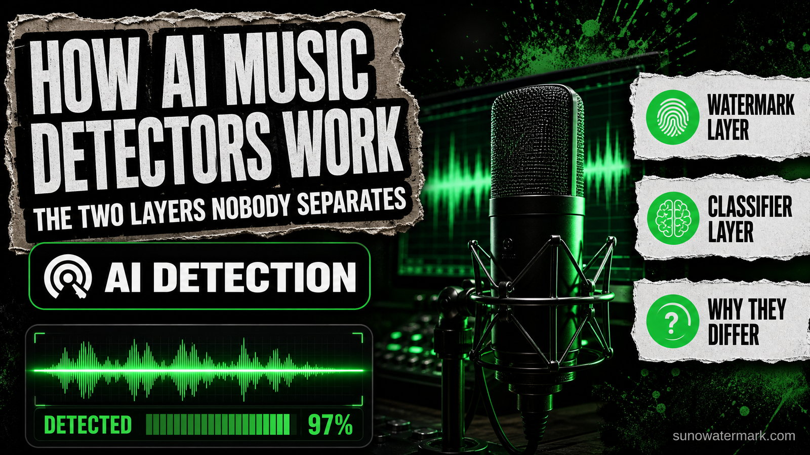 Two stacked layers over one waveform: a sealed, locked watermark payload above and a bright spectrogram being measured below, illustrating how AI music detectors work