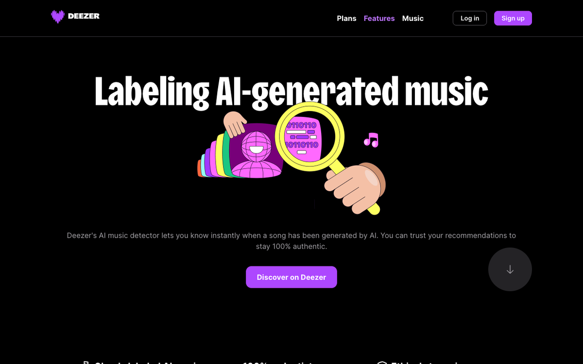 The Deezer Labeling AI-generated music feature page, whose copy says the Deezer AI music detector lets you know instantly when a song has been generated by AI and keeps recommendations 100% authentic