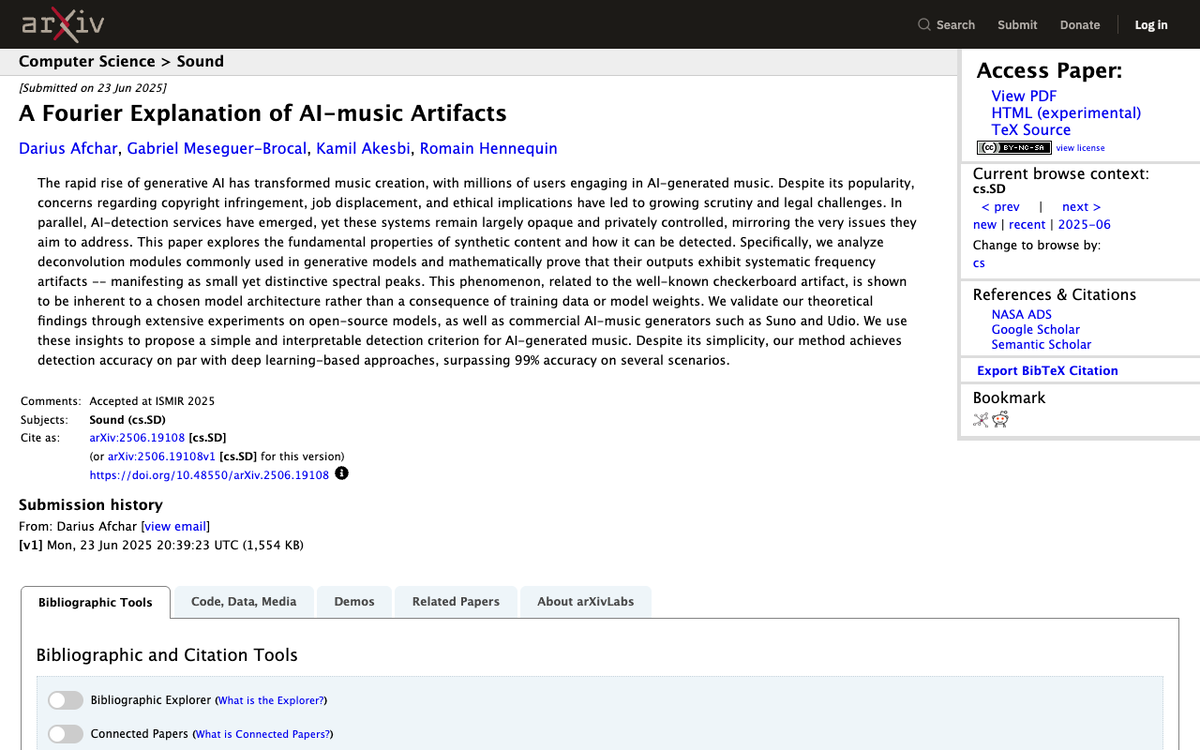 The arXiv listing for A Fourier Explanation of AI-music Artifacts by Afchar, Meseguer-Brocal, Akesbi and Hennequin