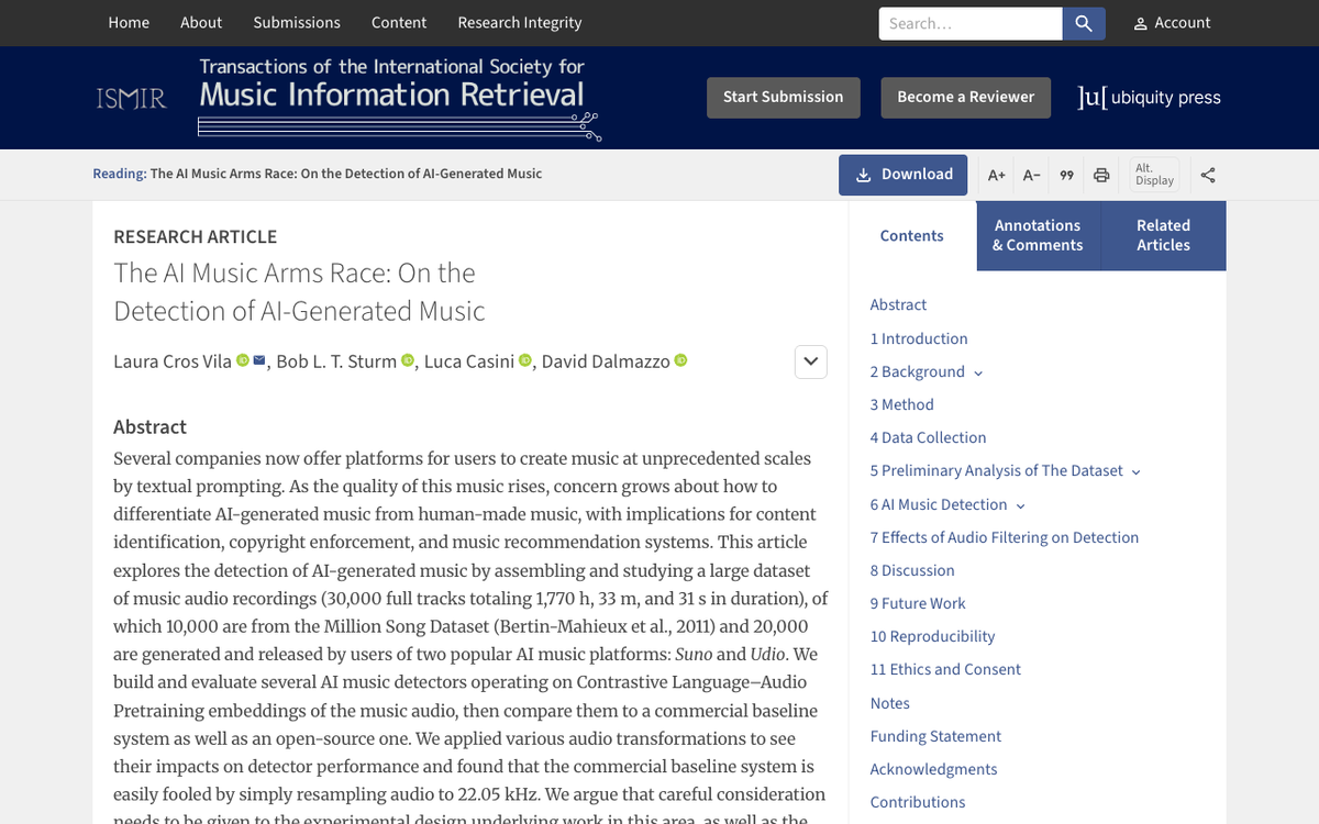 The AI Music Arms Race research article in Transactions of the International Society for Music Information Retrieval