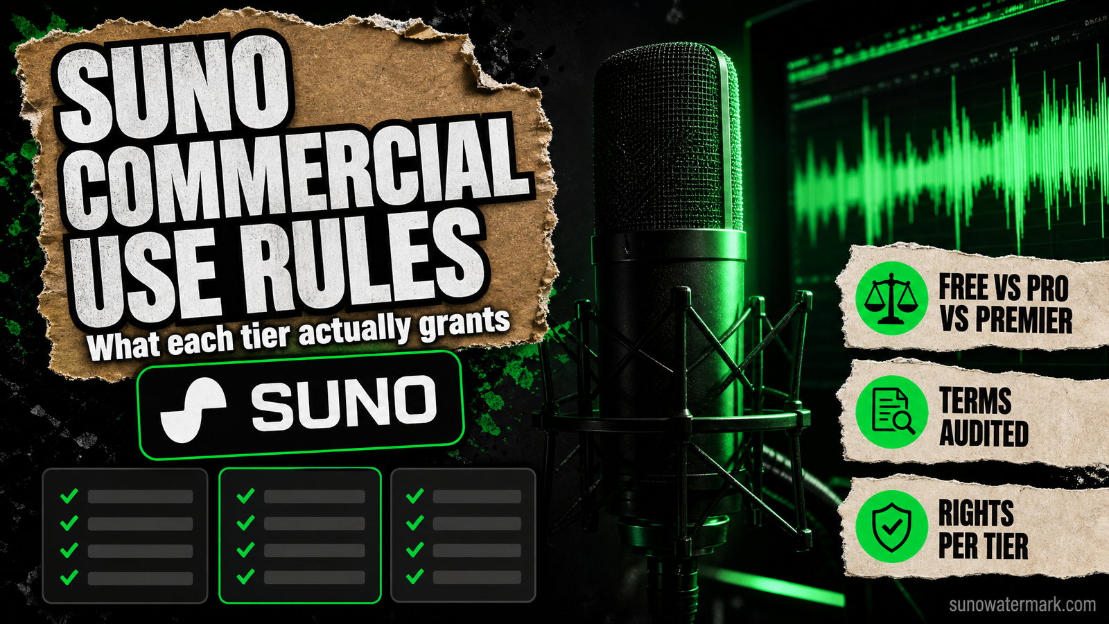 Suno commercial use rights by tier as of the 26 March 2026 terms, comparing Free and Basic against Pro and Premier