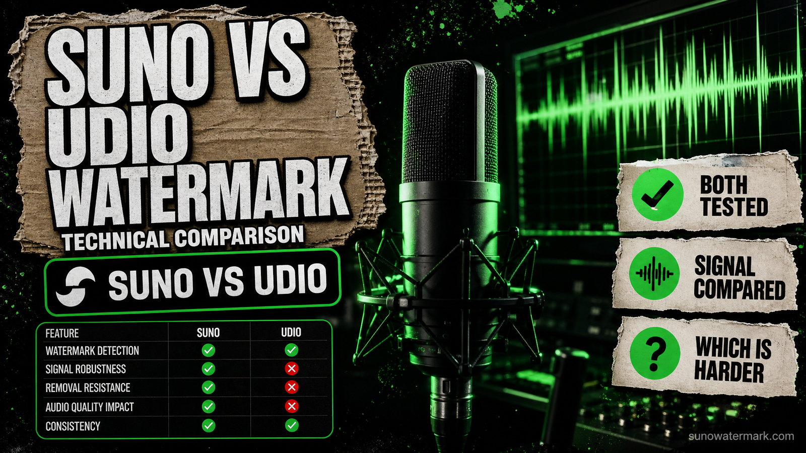 Side-by-side spectrograms of a Suno track and a Udio track showing different watermark embedding patterns
