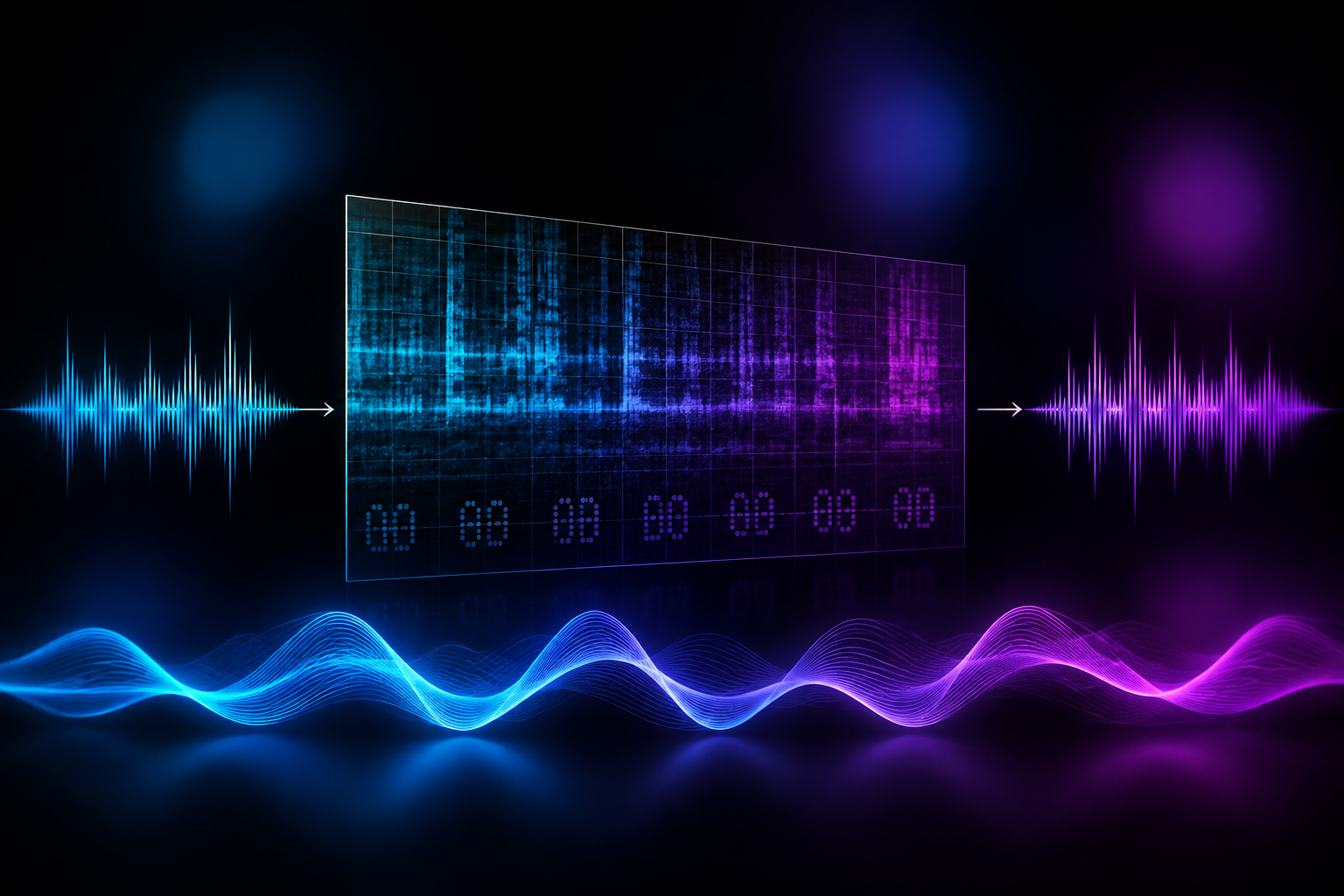 An audio waveform converted to a spectrogram with an inaudible SynthID watermark embedded in the low-energy spectral bands before reconstruction