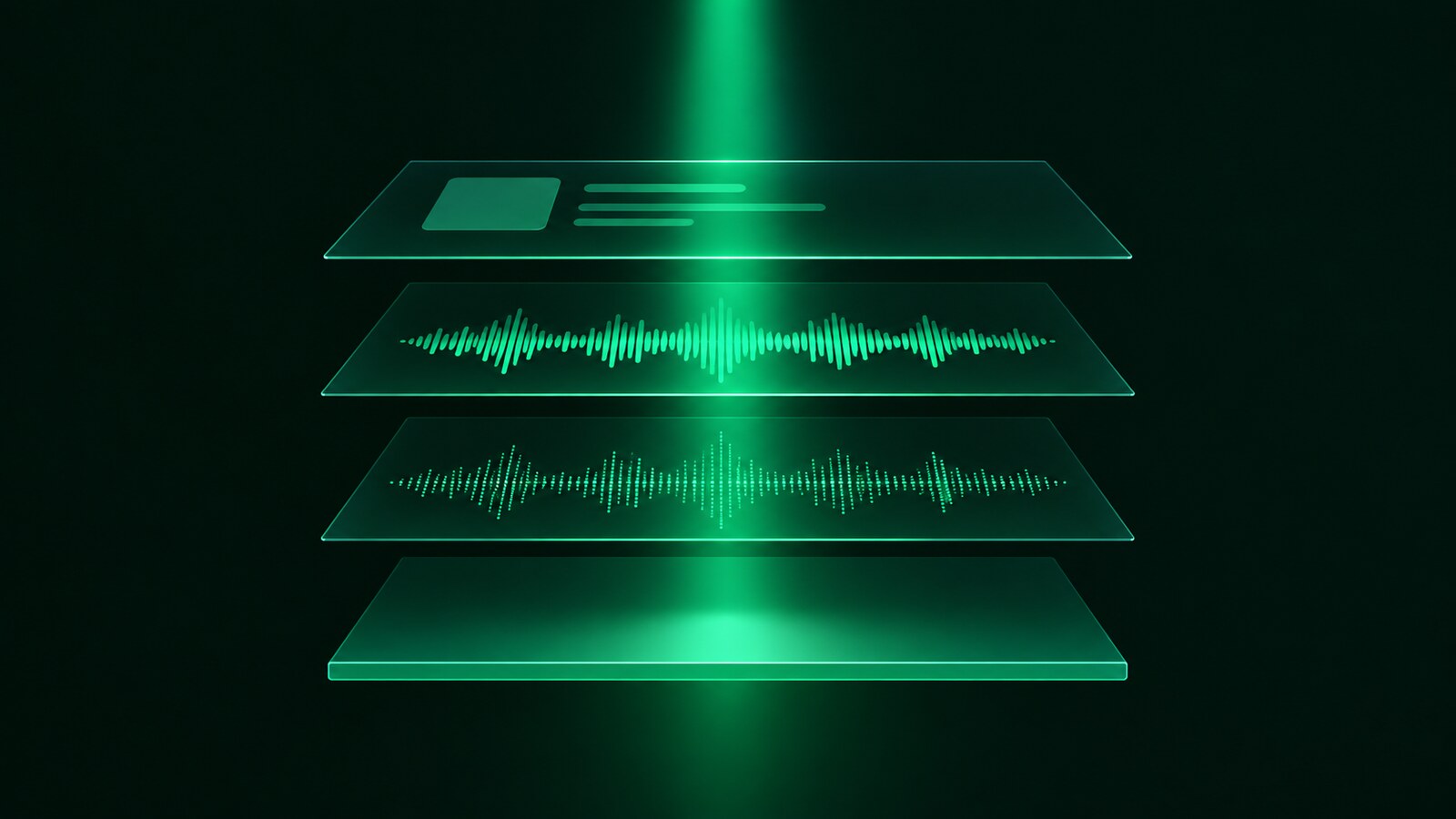 Four translucent stacked planes lit by a single green beam: a metadata card on the top layer, a waveform on the second, a waveform with dotted spectral peaks on the third, and a plain slab at the bottom