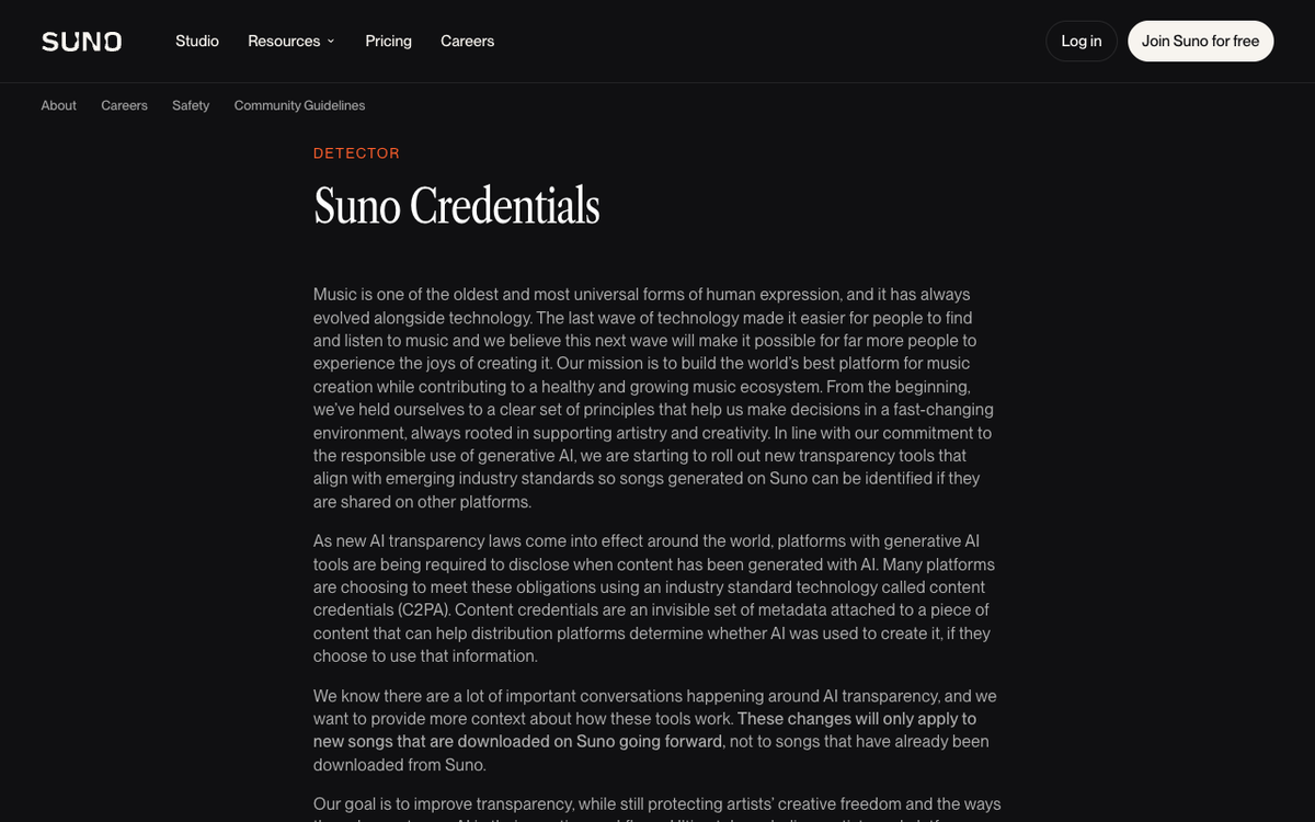 Screenshot of Suno's own Suno Credentials page describing content credentials as an invisible set of metadata attached to a piece of content that can help distribution platforms determine whether AI was used